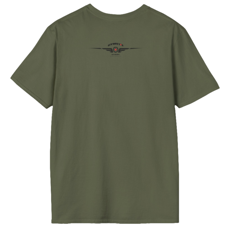 A military green Gymstar t-shirt with a graphic print Raw Concept and a barbell in the center, designed for fitness and sports. Rear view.