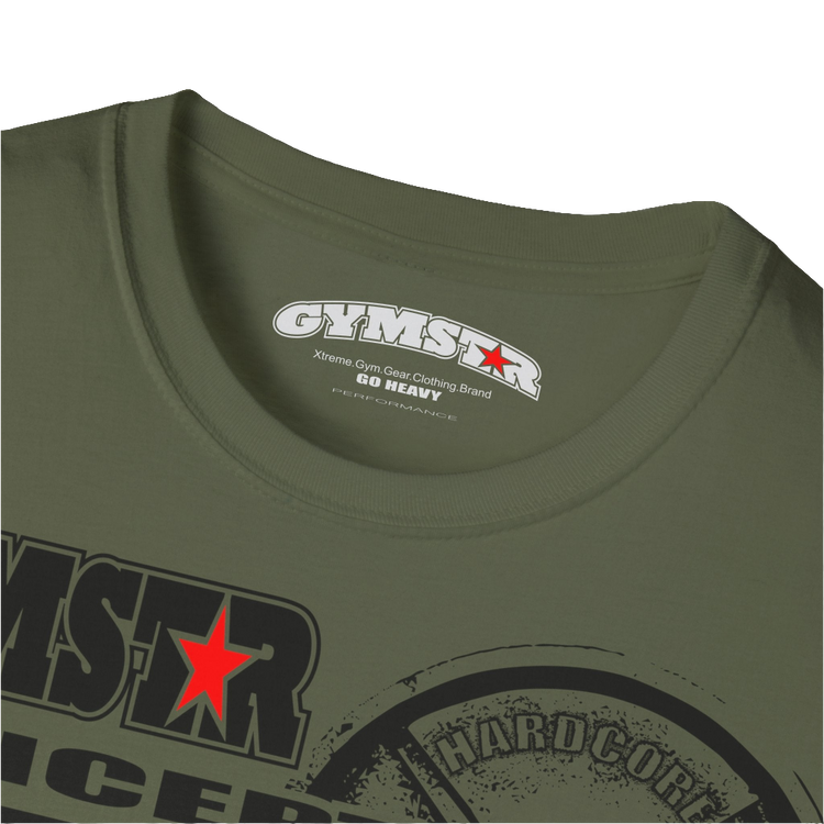 A military green Gymstar t-shirt with a graphic print Raw Concept and a barbell in the center, designed for fitness and sports. Front logo close up view.