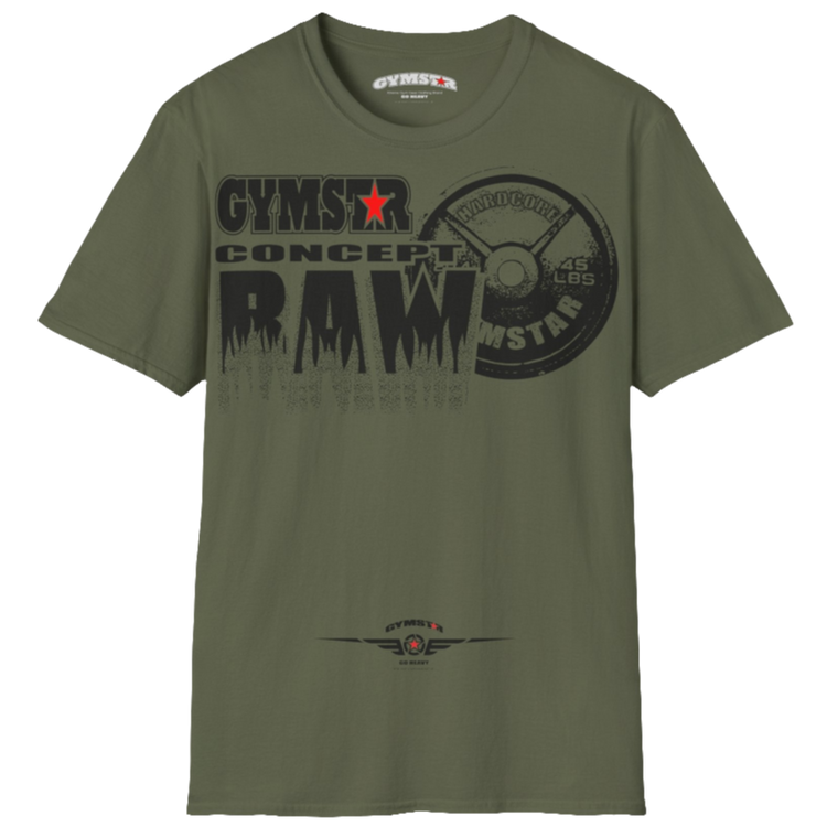 A military green Gymstar t-shirt with a graphic print Raw Concept and a barbell in the center, designed for fitness and sports. Front  view.