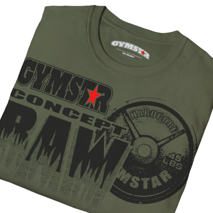A military green Gymstar t-shirt with a graphic print Raw Concept and a barbell in the center, designed for fitness and sports. Front  close up view.