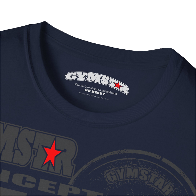 A  navy blue Gymstar t-shirt with a graphic print Raw Concept and a barbell in the center, designed for fitness and sports. Front logo close up view.