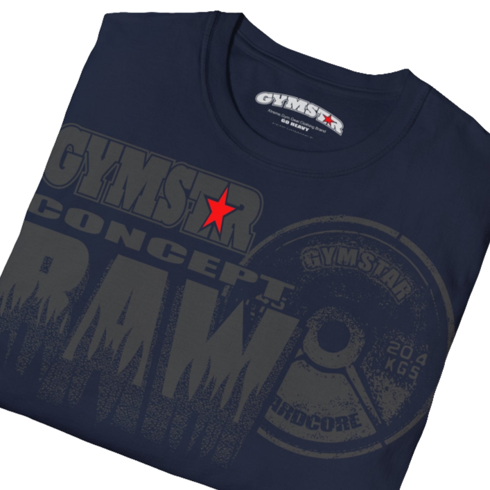 A  navy blue Gymstar t-shirt with a graphic print Raw Concept and a barbell in the center, designed for fitness and sports. Front  close up view.