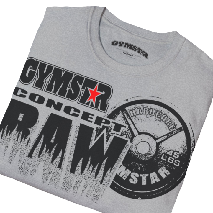A  Silver grey Gymstar t-shirt with a graphic print Raw Concept and a barbell in the center, designed for fitness and sports. Front  close up view.