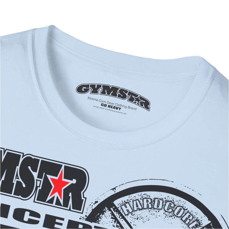 A  Carolina blue Gymstar t-shirt with a graphic print Raw Concept and a barbell in the center, designed for fitness and sports. Front logo close up view.