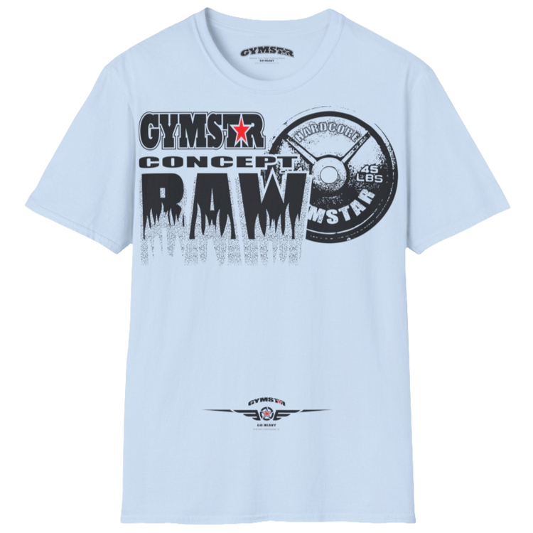 A  Carolina b Gymstar t-shirt with a graphic print Raw Concept and a barbell in the center, designed for fitness and sports. Front  view.