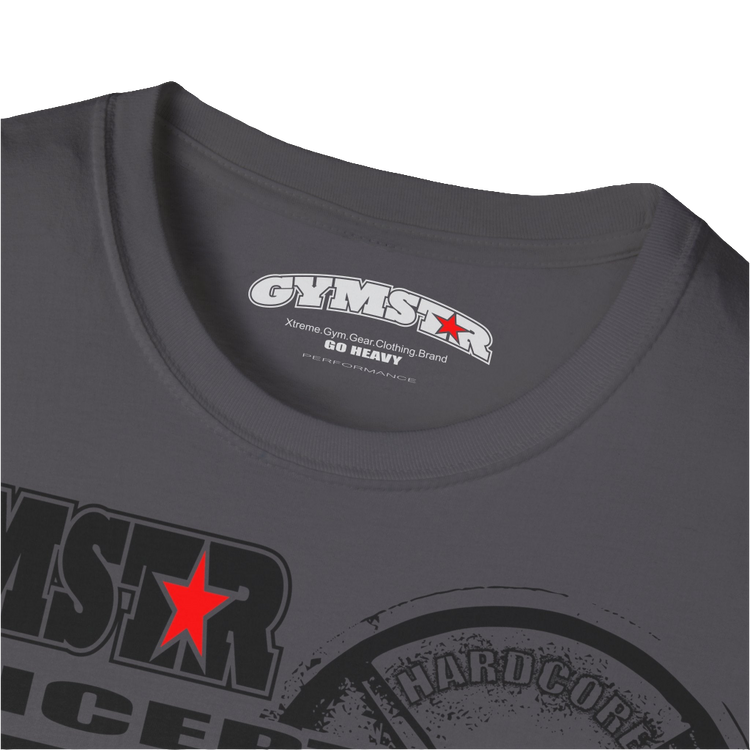 A  sport grey Gymstar t-shirt with a graphic print Raw Concept and a barbell in the center, designed for fitness and sports. Front logo close up view.