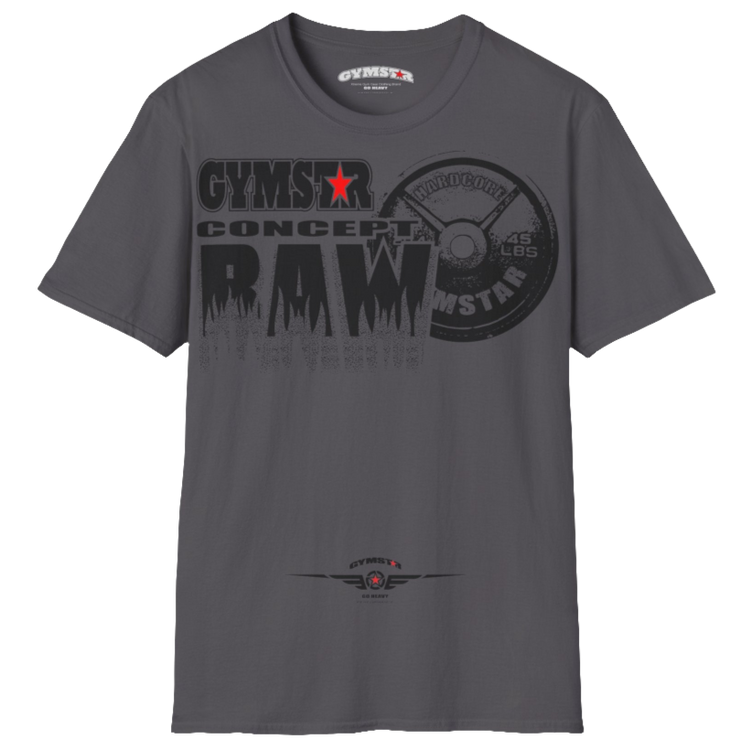 A  sport grey Gymstar t-shirt with a graphic print Raw Concept and a barbell in the center, designed for fitness and sports. Front  view.