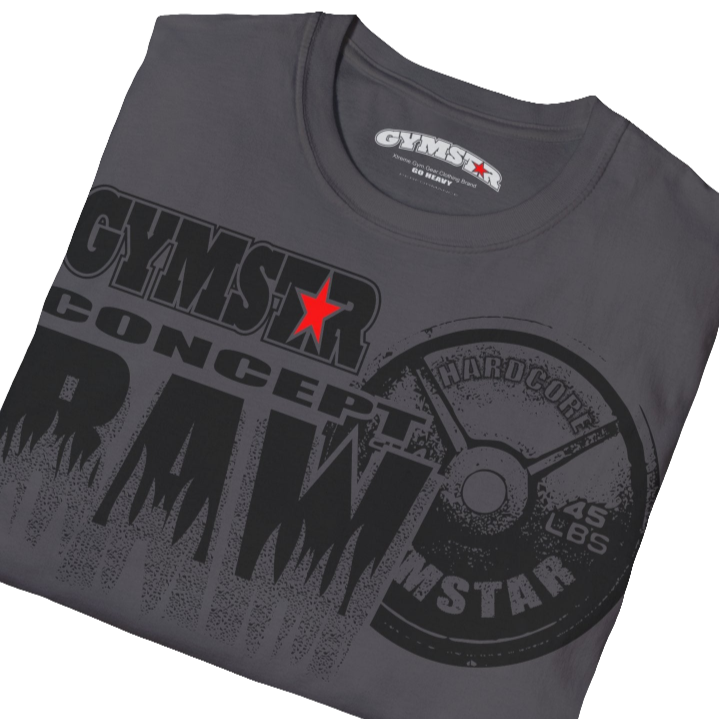 A  sport grey Gymstar t-shirt with a graphic print Raw Concept and a barbell in the center, designed for fitness and sports. Front  close up view.