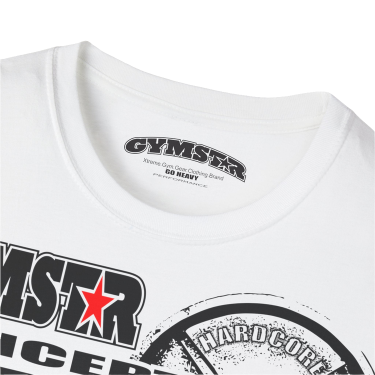 A  White Gymstar t-shirt with a graphic print Raw Concept and a barbell in the center, designed for fitness and sports. Front logo close up view.