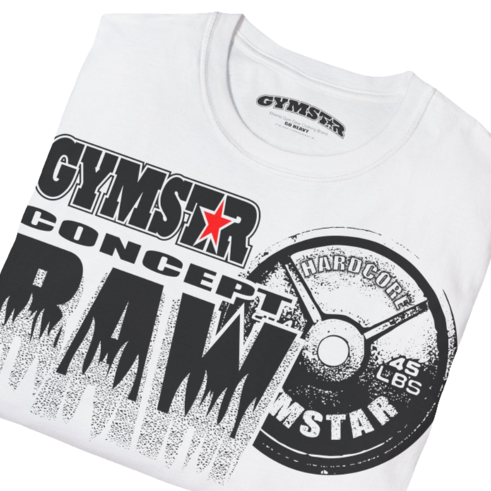 A  White Gymstar t-shirt with a graphic print Raw Concept and a barbell in the center, designed for fitness and sports. Front  close up view.