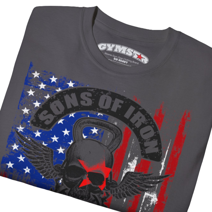 A sport grey Gymstar tee with a red, blue and black graphic that reads 'Sons Of Iron', skull-kettlebell, barbell and logo, presumably bodybulding or fitness. Close up view.