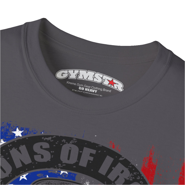 A sport grey Gymstar tee with a red, blue and black graphic that reads 'Sons Of Iron', skull-kettlebell, barbell and logo, presumably bodybulding or fitness.  Logo Close up view.