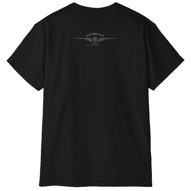 A black Gymstar t-shirt with a graphic print Sons of Iron and a barbell and skull in the center, designed for fitness and sports. Rear view.