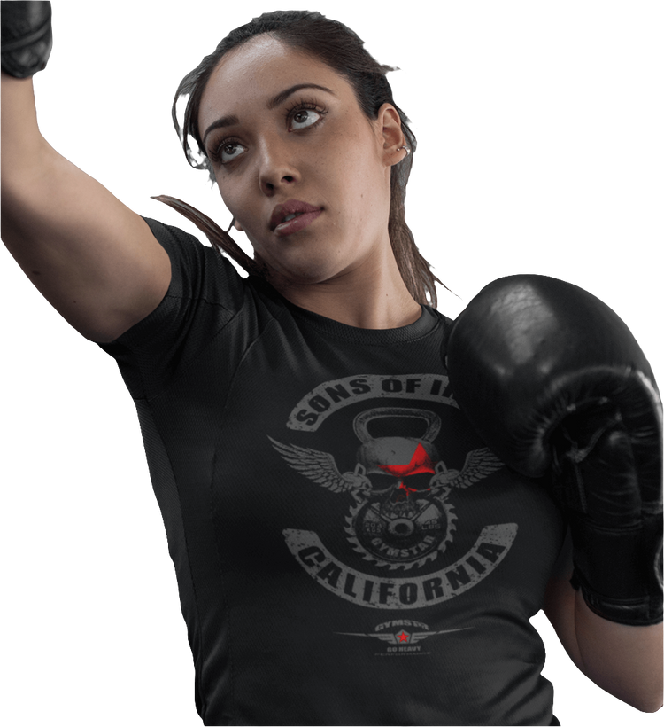 A woman boxer wearing black Gymstar t-shirt with a graphic print Sons of Iron and a barbell in the center, designed for fitness and sports. Front  close up view.