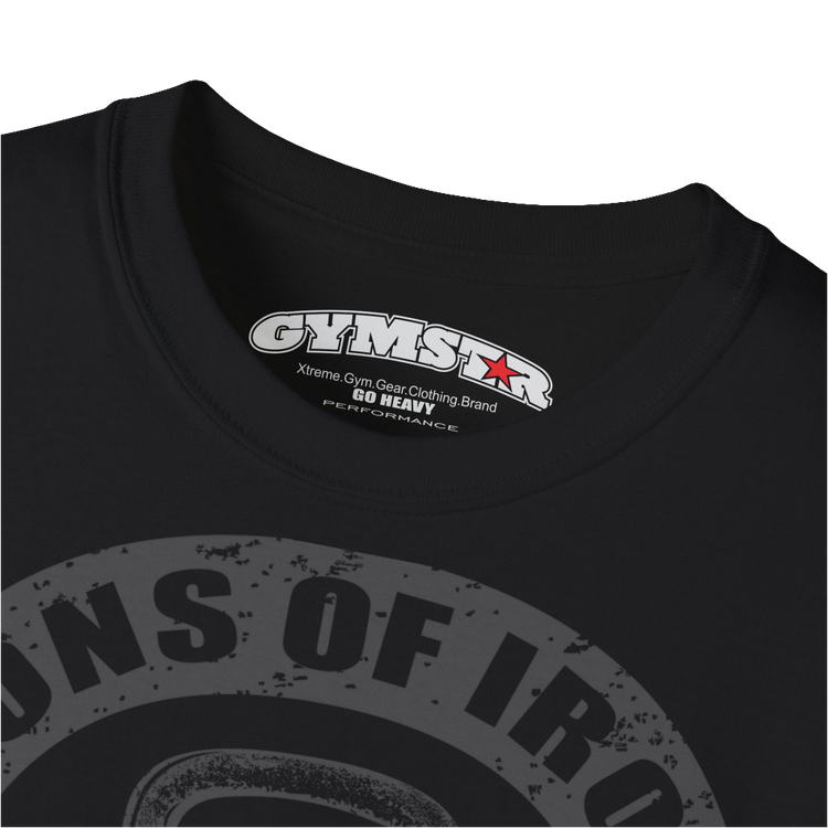 A black Gymstar t-shirt with a graphic print Sons of Iron and a barbell and skull in the center, designed for fitness and sports. Front  logo close up view.