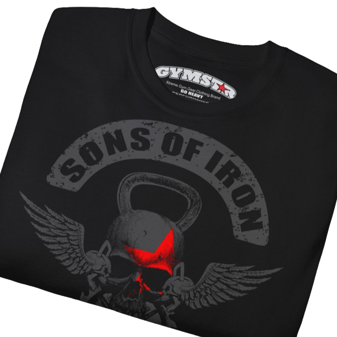 A black Gymstar t-shirt with a graphic print Sons of Iron and a barbell and skull in the center, designed for fitness and sports. Front close up view.