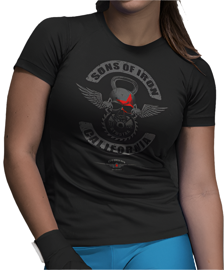 A woman wearing black Gymstar t-shirt with a graphic print Sons of Iron and a barbell in the center, designed for fitness and sports. Front  close up view.