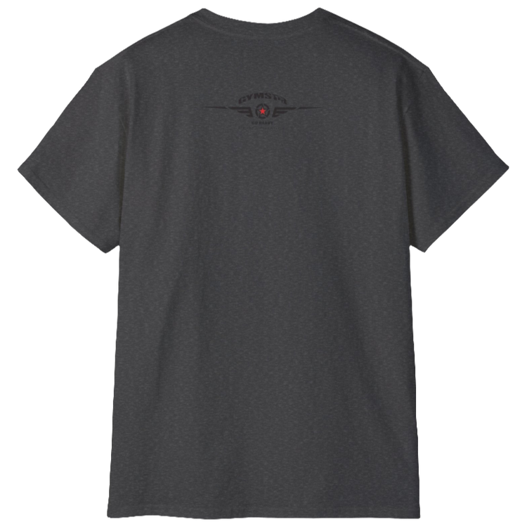 A grey Gymstar t-shirt with a graphic print Sons of Iron and a barbell and skull in the center, designed for fitness and sports. Rear view.
