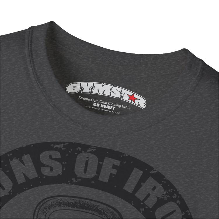 A grey Gymstar t-shirt with a graphic print Sons of Iron and a barbell and skull in the center, designed for fitness and sports. Front  logo close up view.