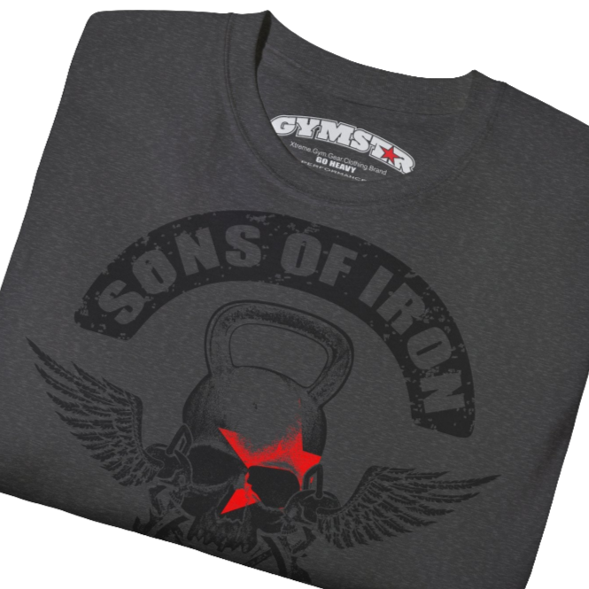 A grey Gymstar t-shirt with a graphic print Sons of Iron and a barbell and skull in the center, designed for fitness and sports. Front close up view.