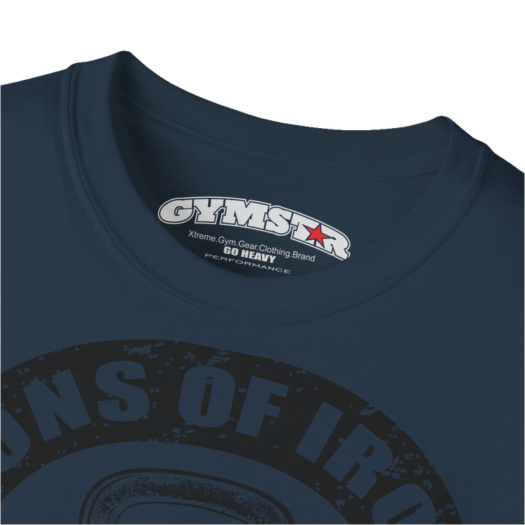 A deep navy Gymstar t-shirt with a graphic print Sons of Iron and a barbell and skull in the center, designed for fitness and sports. Front  logo close up view.