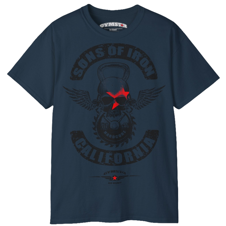 A deep navy Gymstar t-shirt with a graphic print Sons of Iron and a barbell and skull in the center, designed for fitness and sports. Front  close up view.