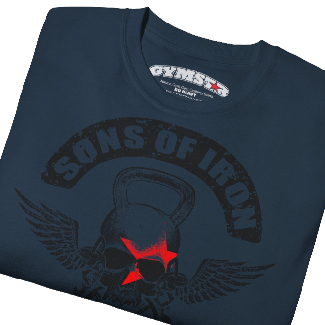 A deep navy Gymstar t-shirt with a graphic print Sons of Iron and a barbell and skull in the center, designed for fitness and sports. Front  close up view.