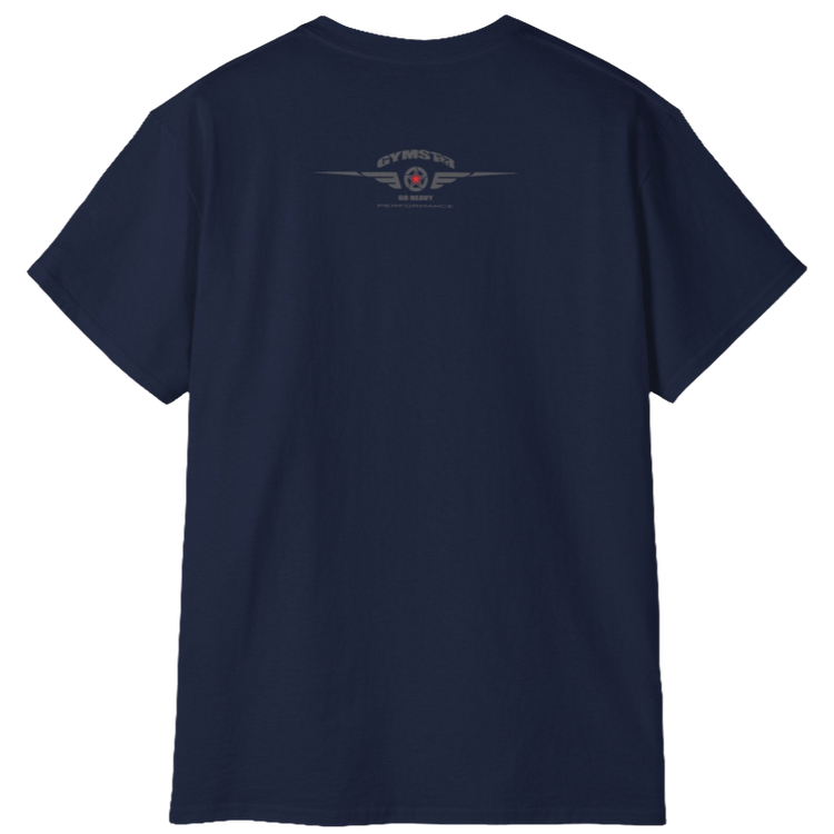 A navy blue Gymstar t-shirt with a graphic print Sons of Iron and a barbell and skull in the center, designed for fitness and sports. Front  logo close up view.