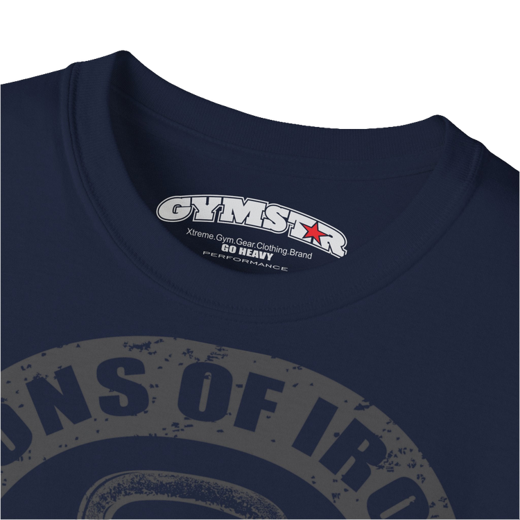 A navy blue Gymstar t-shirt with a graphic print Sons of Iron and a barbell and skull in the center, designed for fitness and sports. Front  logo close up view.