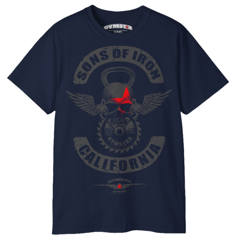 A deep navy Gymstar t-shirt with a graphic print Sons of Iron and a barbell and skull in the center, designed for fitness and sports. Front  close up view.