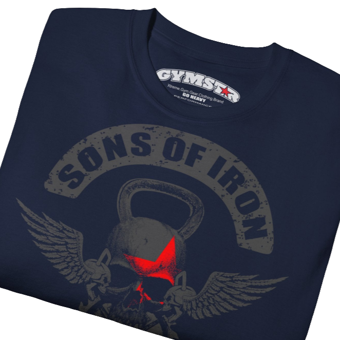 A navy blue Gymstar t-shirt with a graphic print Sons of Iron and a barbell and skull in the center, designed for fitness and sports. Front close up view.
