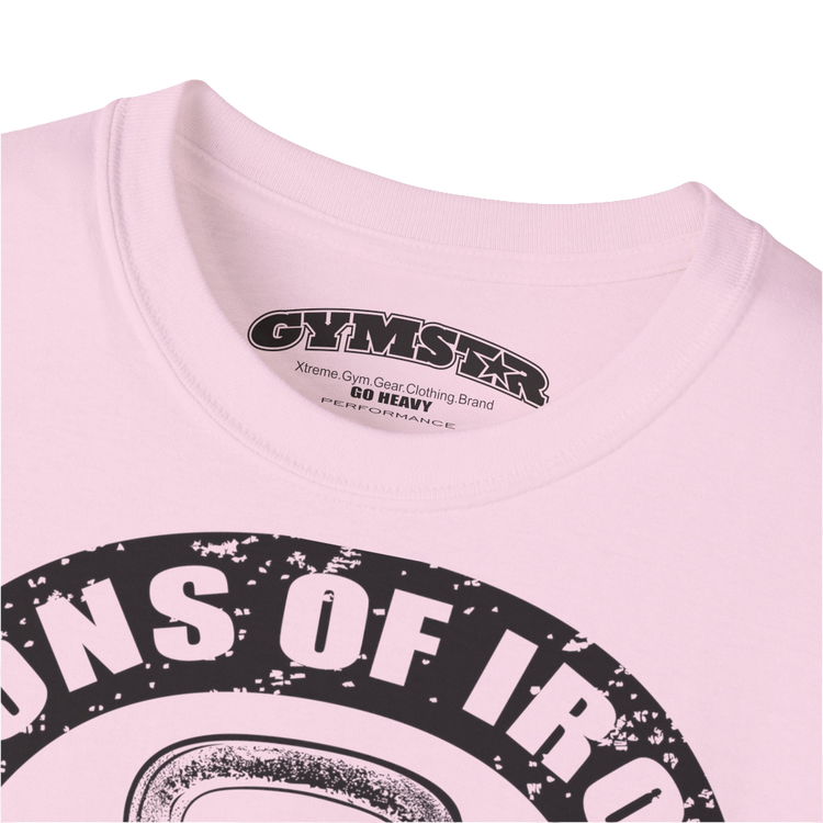 A pink Gymstar t-shirt with a graphic print Sons of Iron and a barbell and skull in the center, designed for fitness and sports. Front  logo close up view.