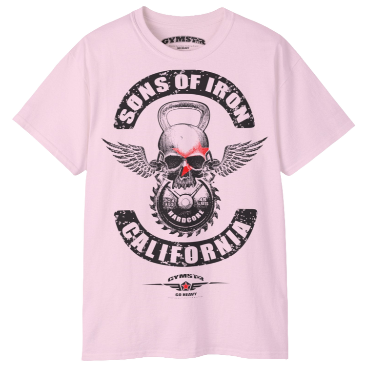 A pink Gymstar t-shirt with a graphic print Sons of Iron and a barbell and skull in the center, designed for fitness and sports. Front  logo close up view.