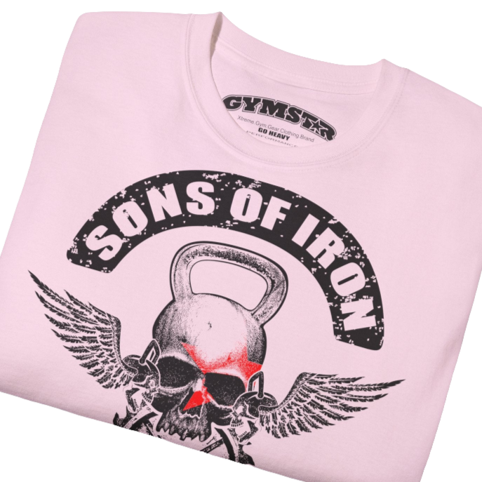 A pink Gymstar t-shirt with a graphic print Sons of Iron and a barbell and skull in the center, designed for fitness and sports. Front  close up view.