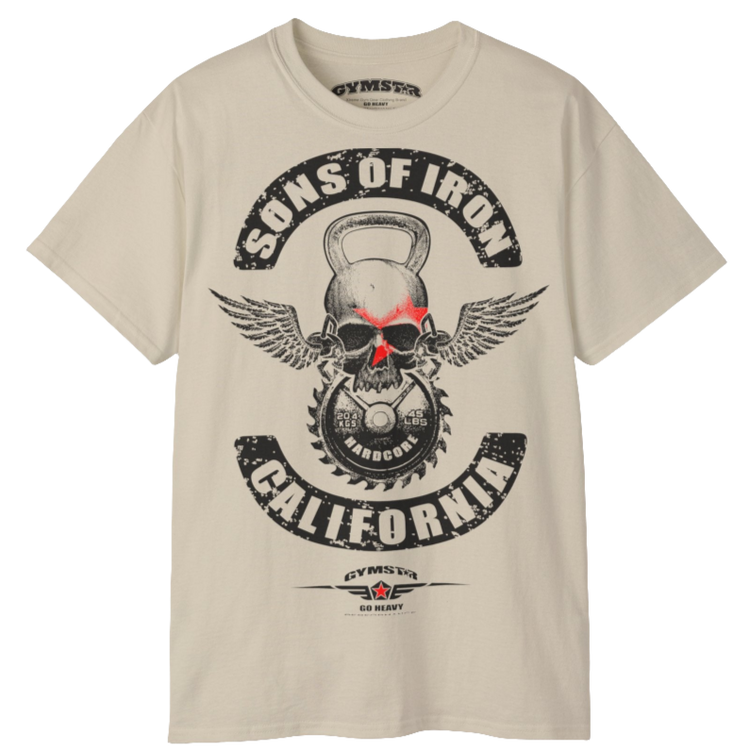 A beige Gymstar t-shirt with a graphic print Sons of Iron and a barbell and skull in the center, designed for fitness and sports. Front close up view.