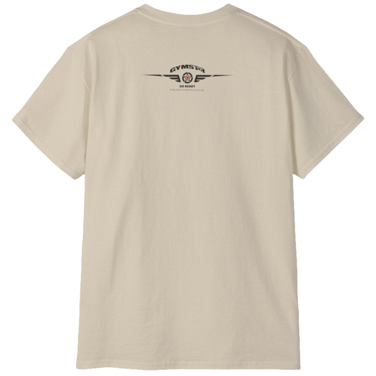 A beige Gymstar t-shirt with a graphic print Sons of Iron and a barbell and skull in the center, designed for fitness and sports. Rear view.