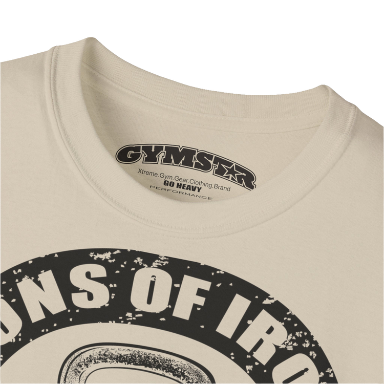 A beige Gymstar t-shirt with a graphic print Sons of Iron and a barbell and skull in the center, designed for fitness and sports. Front  logo close up view.