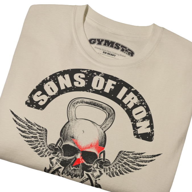 A beige Gymstar t-shirt with a graphic print Sons of Iron and a barbell and skull in the center, designed for fitness and sports. Front close up view.
