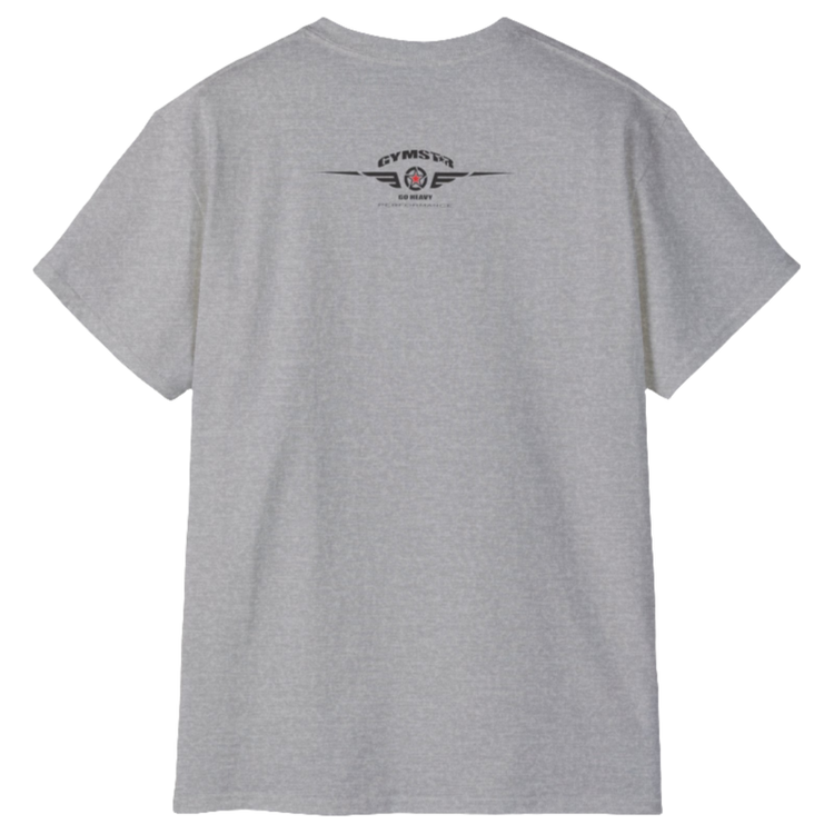 A silver grey Gymstar t-shirt with a graphic print Sons of Iron and a barbell and skull in the center, designed for fitness and sports. Rear view.