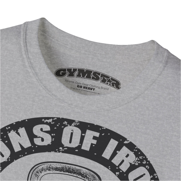A silver grey Gymstar t-shirt with a graphic print Sons of Iron and a barbell and skull in the center, designed for fitness and sports. Front  close up view.
