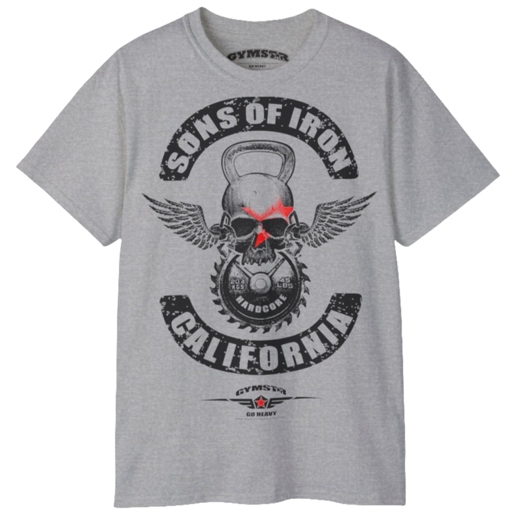 A silver grey Gymstar t-shirt with a graphic print Sons of Iron and a barbell and skull in the center, designed for fitness and sports. Front  close up view.
