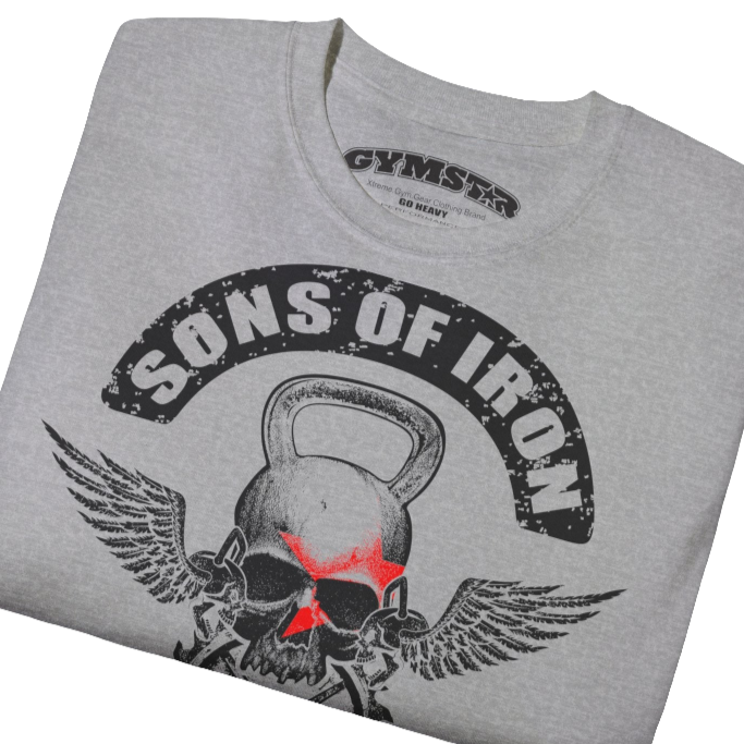A silver grey Gymstar t-shirt with a graphic print Sons of Iron and a barbell and skull in the center, designed for fitness and sports. Front close up view.