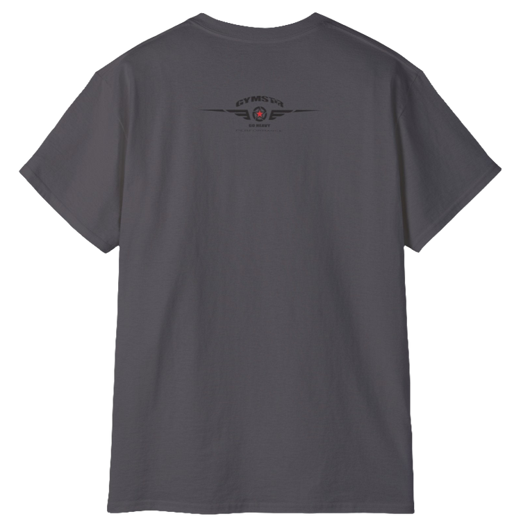 A sport grey Gymstar t-shirt with a graphic print Sons of Iron and a barbell and skull in the center, designed for fitness and sports. Rear view.