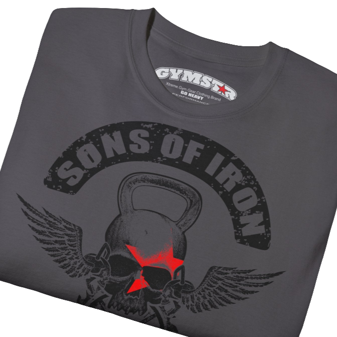 A sport grey Gymstar t-shirt with a graphic print Sons of Iron and a barbell and skull in the center, designed for fitness and sports. Front  close up view.