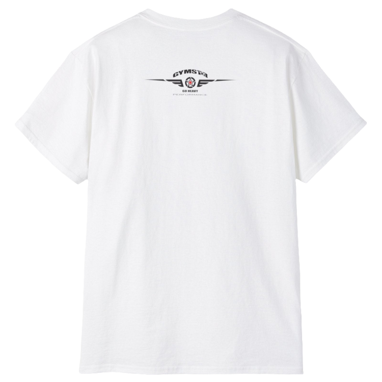 A white Gymstar t-shirt with a graphic print Sons of Iron and a barbell and skull in the center, designed for fitness and sports. Front  logo close up view.