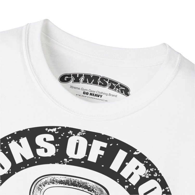 A white Gymstar t-shirt with a graphic print Sons of Iron and a barbell and skull in the center, designed for fitness and sports. Front  logo close up view.