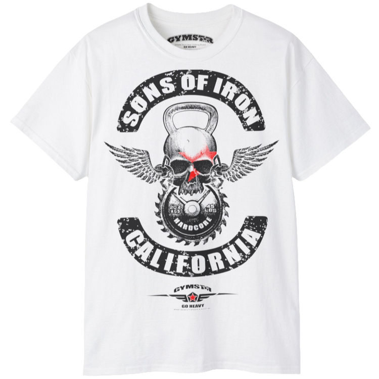 A white Gymstar t-shirt with a graphic print Sons of Iron and a barbell and skull in the center, designed for fitness and sports. Front  close up view.