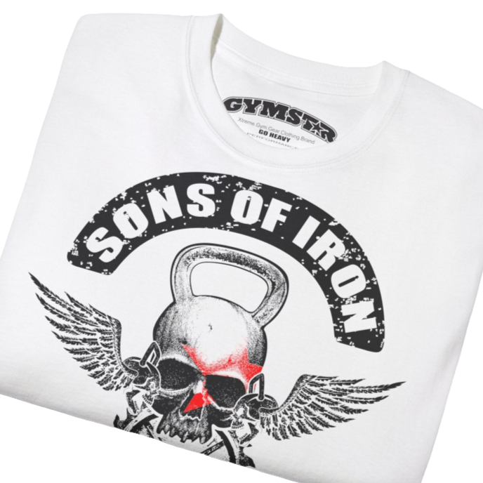 A white Gymstar t-shirt with a graphic print Sons of Iron and a barbell and skull in the center, designed for fitness and sports. Front close up view.