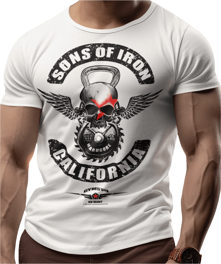 A man wearing white Gymstar t-shirt with a graphic print Sons of Iron and a barbell in the center, designed for fitness and sports. Front  close up view.
