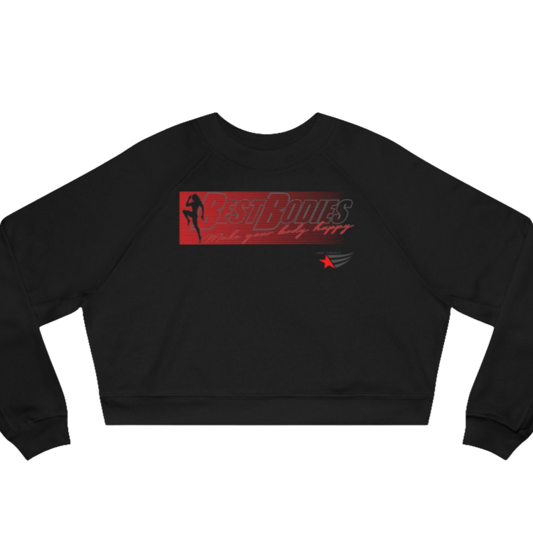 A femalle fitness model wearing a black Black Gymstar sweatshirt with logo and motivating design Best Bodies. Front view.